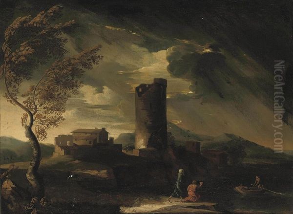 A Storm Gathering With Figures On The Bank Of A River Beside Classical Ruins Oil Painting by Pieter the Younger Mulier