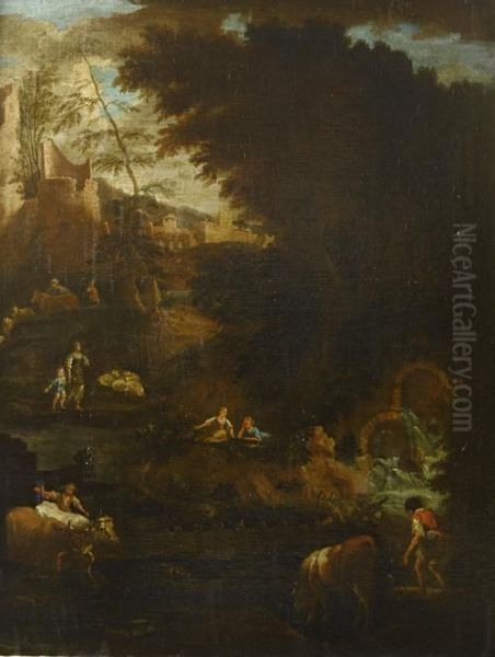 A Pastoral Landscape With Shepherds And A Cowherd Beside A Waterfall, The Ruins Of A Classical Town Beyond Oil Painting by Pieter the Younger Mulier