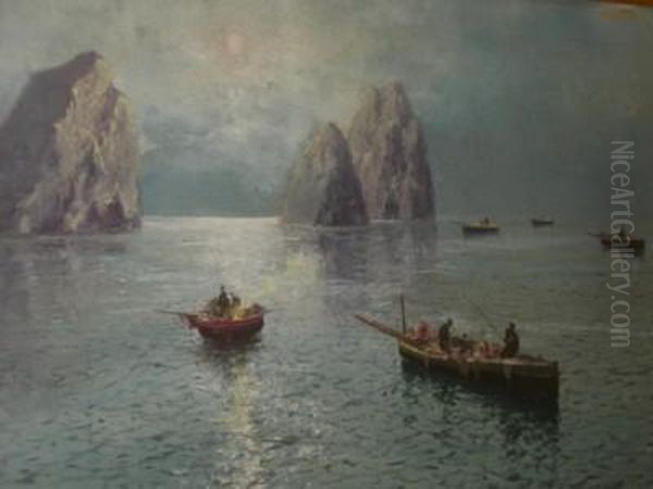 Faraglioni A Capri Con Barche Di Pescatori Oil Painting by Giovanni Cavalleri