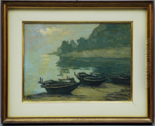 Barche Sulla Spiaggia Oil Painting by Giovanni Cavalli