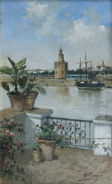 Vue De Seville : La Torre Del'oro Sur Le Guadalquivir Oil Painting by Antonio Cavaye