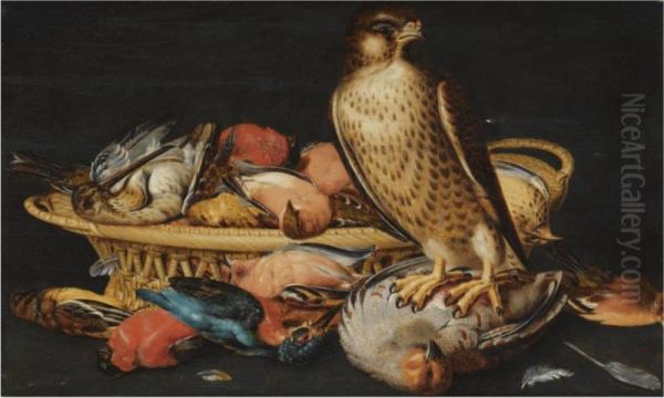 A Still Life With A Live Hawk Perched On A Dead Partridge, Akingfisher, Finches And Other Dead Game In A Woven Basket Oil Painting by Nicolaes Cave