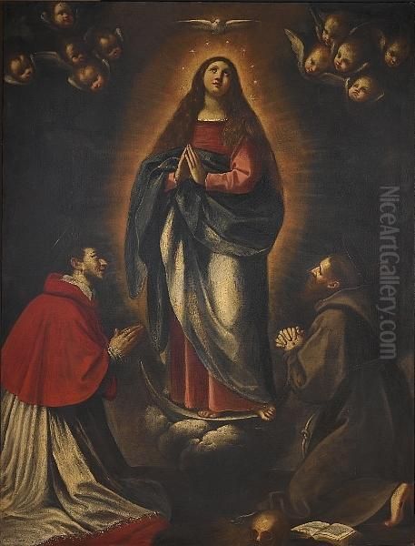 The Immaculate Conception With Saint Carlo Borromeo And Saint Francis Oil Painting by Giacomo Cavedone