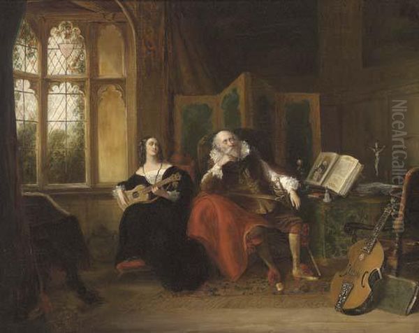 On Her Spanish Guitar, She Played A Ditty Which Lulled Her Old Guardian To Sleep Oil Painting by John Cawse