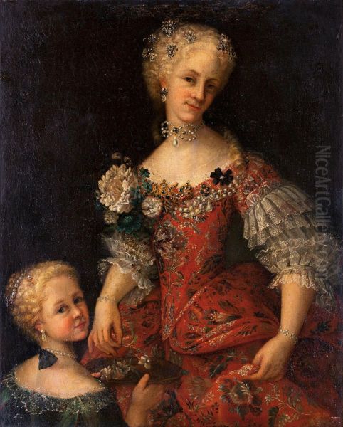 Womanand Child With Embroidered Dresses Oil Painting by Sebastiano Ceccarini