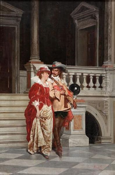 Scena Galante, Ritratto In Costume Del Pittore Morgari Con La Moglie Oil Painting by Adriano Cecchi