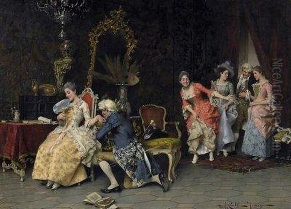 Galant Wooing. Courtly Company Playing Palour Games In The Salon. Oil Painting by Adriano Cecchi