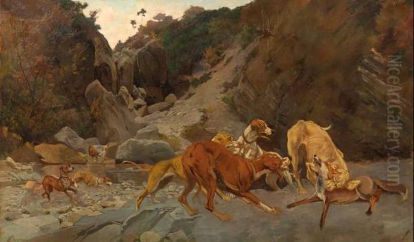 Volpe Azzannata Dai Cani Oil Painting by Eugenio Cecconi