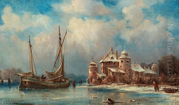 Landscape In Winter With A Lake And A Castle Oil Painting by Per Wilhelm Cedergren