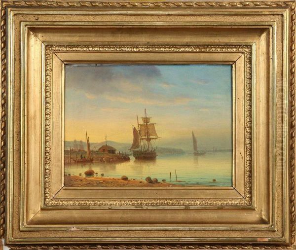 Kustlandskap Med Segelfartyg, Signerad P.w Cerdegren Oil Painting by Per Wilhelm Cedergren