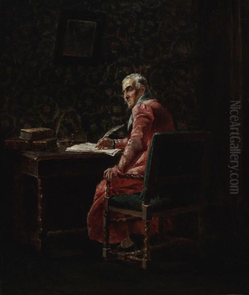 A Cardinal At His Writing Table Oil Painting by Gustaf Olaf Cederstrom