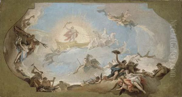 Etude Pour Un Plafond : Le Char D'apollon Entoure Des Allegories Des Quatre Elements Oil Painting by Costantino Cedini