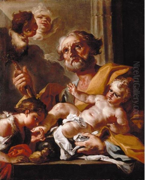 Saint Joseph With The Infant Christ And John The Baptist Oil Painting by Francesco Celebrano