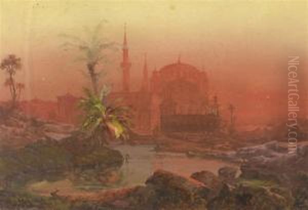 Oriental Landscape At Sunset Oil Painting by Hermann Wilhelm Cellarius