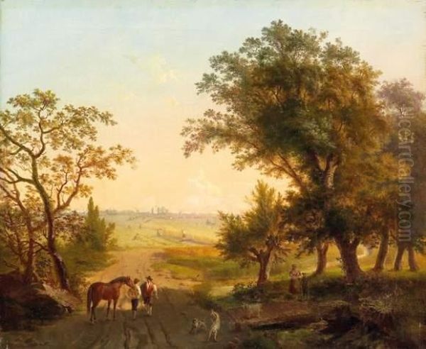 Forest Road With Windmills Oil Painting by Hermann Wilhelm Cellarius