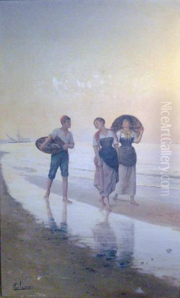 Figures On A Beach Oil Painting by Pasquale Celommi