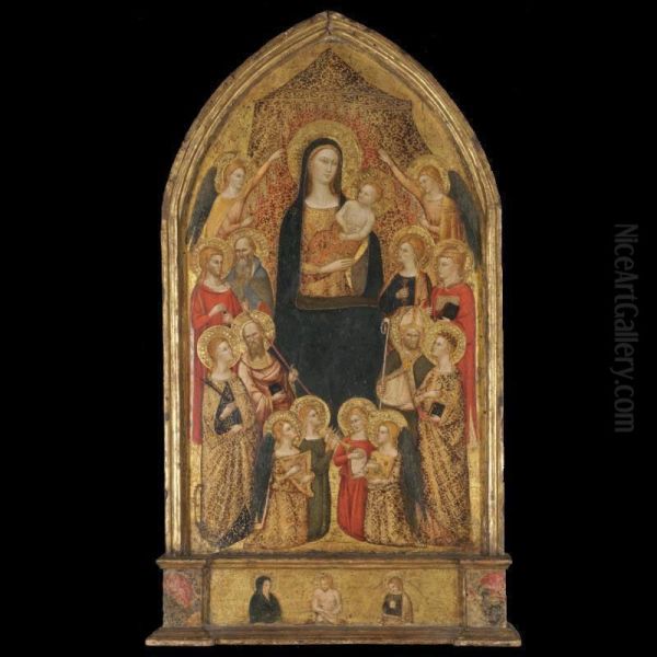 The Madonna And Child Enthroned With Eight Saints And Music-making Angels, The Risen Christ Flanked By Mary And Saint John The Evangelist In The Predella Beneath Oil Painting by Cenni Di Francesco Di Ser Cenni