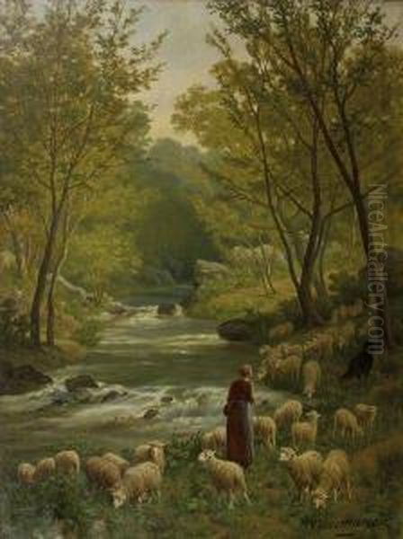 Bergere A La Riviere Oil Painting by Charles Ferdinand Ceramano