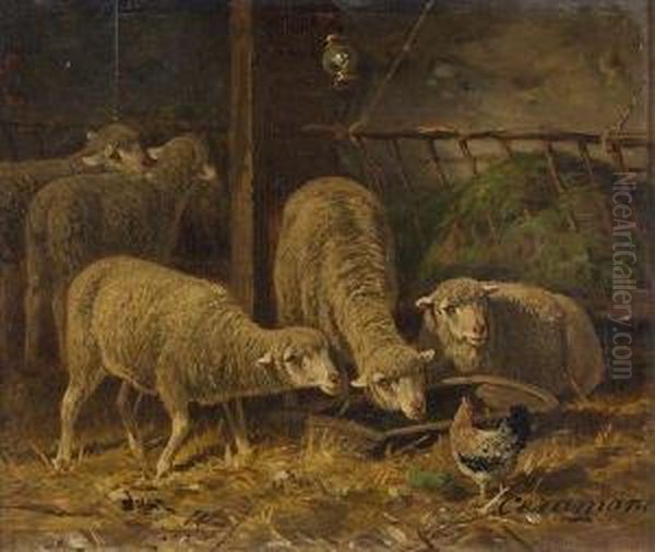 Poule Et Moutons Dans Une Bergerie Oil Painting by Charles Ferdinand Ceramano