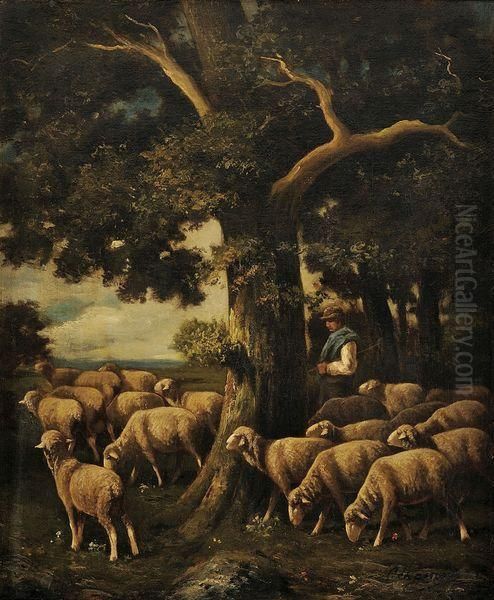 Berger Et Ses Moutons Oil Painting by Charles Ferdinand Ceramano