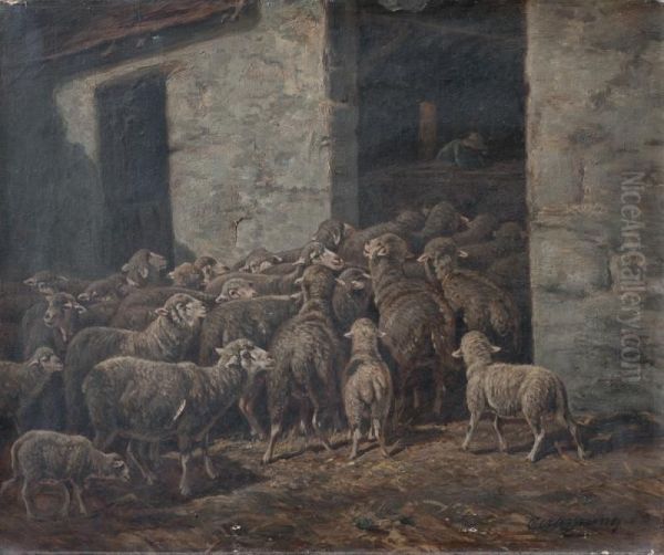 Ovejas En El Establo Oil Painting by Charles Ferdinand Ceramano