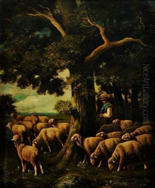 Berger Et Ses Moutons Oil Painting by Charles Ferdinand Ceramano