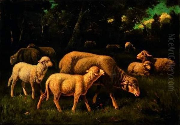 Moutons Au Pres Oil Painting by Charles Ferdinand Ceramano