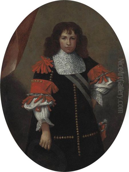 Portrait Of A Gentleman, Three-quarter-length, In A Black Coat With Red Ribboning And A Sash Oil Painting by Carlo Ceresa