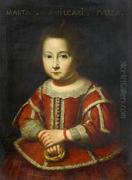 Portrait Of A Young Girl, Three-quarter-length, In A Gold Embroidered Red Dress, Holding A Pretzel Oil Painting by Carlo Ceresa