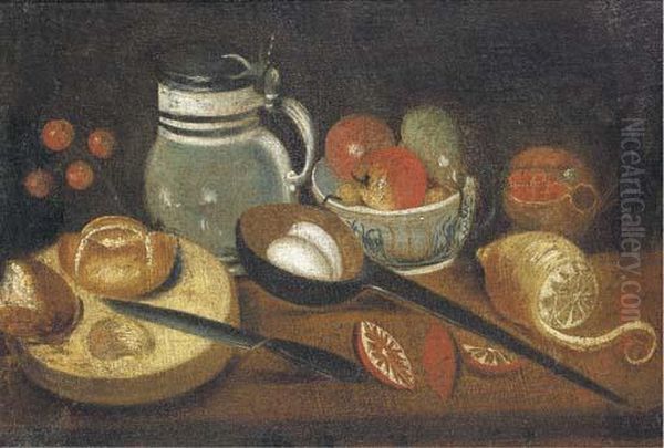 An Earthenware Tankard, A Partly-peeled Lemon, A Ladle With Eggs,apples And Pears In A Bowl, Bread And A Knife On A Table Oil Painting by Mateo Cerezo