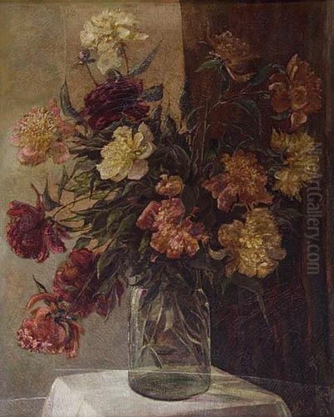 Peonie W Szklanym Wazonie Oil Painting by M. Cerkasov