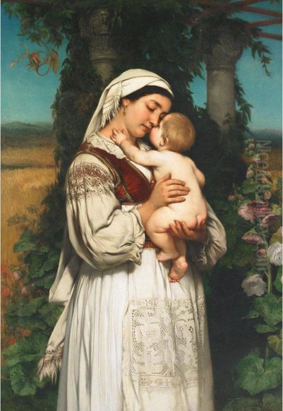 Madonna Of The Black Mountain (a Mother Cradling Her Baby In Agarden Arbour With Hollyhocks) Oil Painting by Jaroslav Cermak