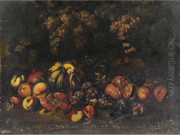 Natura Morta Con Uva, Pesche, Fichi, Una Zucca E Un Melograno Oil Painting by Michelangelo Cerqouzzi