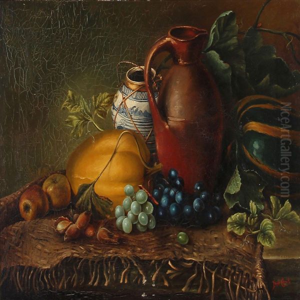 Still Life With Pumpkins, Fruit And Jug On A Table Oil Painting by Lucie Cerrito