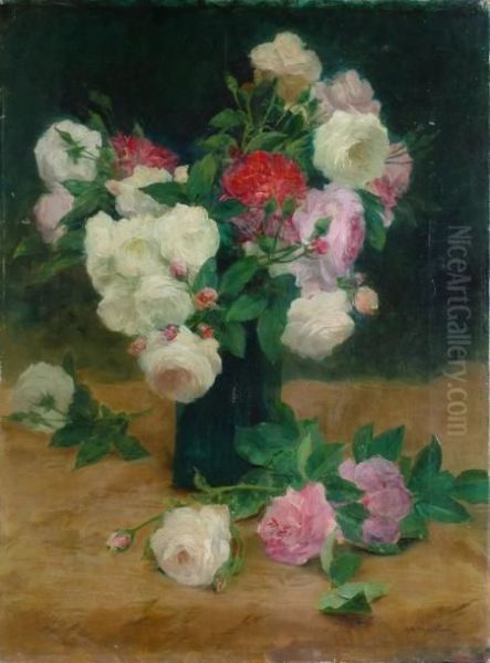 Roses Blanches Et Roses Oil Painting by Achille Theodore Cesbron