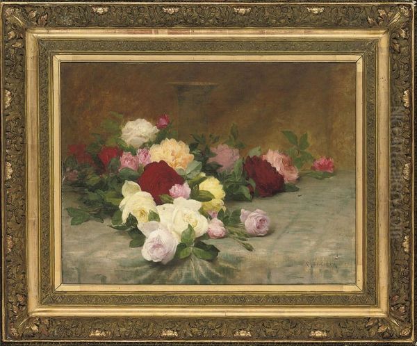 Roses Scattered On A Table Oil Painting by Achille Theodore Cesbron