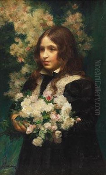 Young Girl With Flowers Oil Painting by Achille Theodore Cesbron