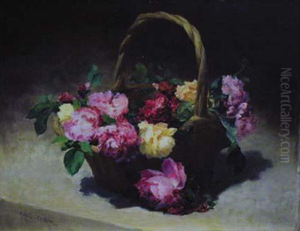  Panier De Roses  Oil Painting by Achille Theodore Cesbron