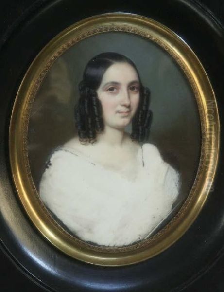 French Watercolour On Ivory Miniature Of A Lady With Dark Ringlets Signed, Oval 3.5 X 3in Oil Painting by Flavien Emmanuel Chabanne