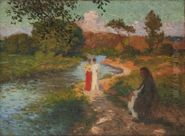 Promenade Aux Bords De La Riviere Oil Painting by Maurice Chabas