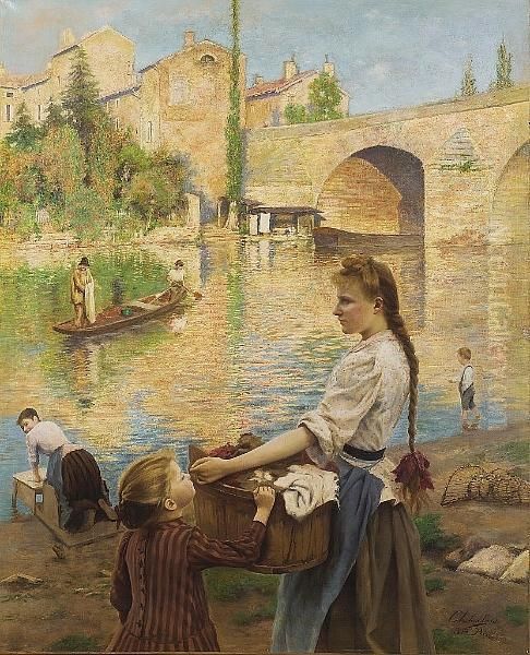 Les Lavandieres A Pont-sur-yonne Oil Painting by Andre Chabellard