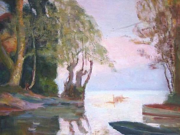 Barques Dans Un Sous-bois Au Bord Du Lac Oil Painting by Alfred Chabloz