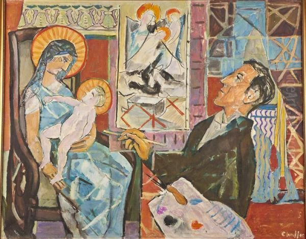 Self Portrait With Mother And Child Oil Painting by Oliver Newberry Chaffee