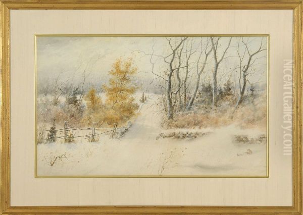 Snowy Landscape With Road, Stone Wall, And Trees Oil Painting by Samuel R. Chaffee