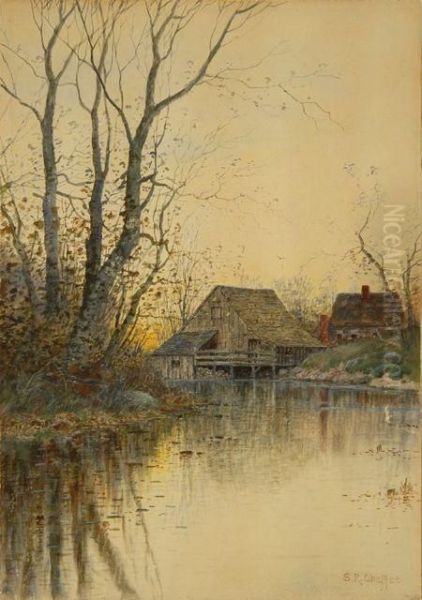 Landscape With House And Barn On A Pond Oil Painting by Samuel R. Chaffee