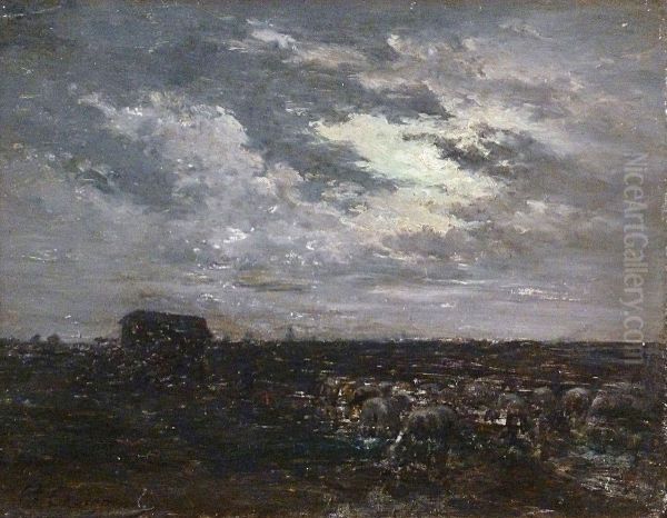 Moutons Sur La Lande Au Clair De Lune Oil Painting by Jean-Ferdinand Chaigneau