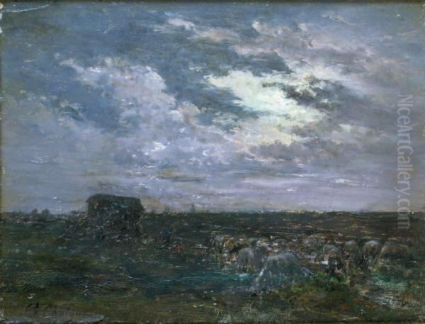 Moutons Sur La Lande Au Clair De Lune Oil Painting by Jean-Ferdinand Chaigneau