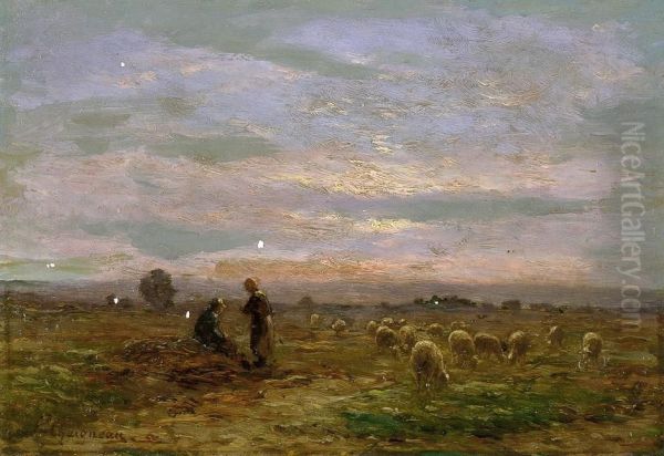 Weidende Schafe Im Abendlicht Oil Painting by Jean-Ferdinand Chaigneau