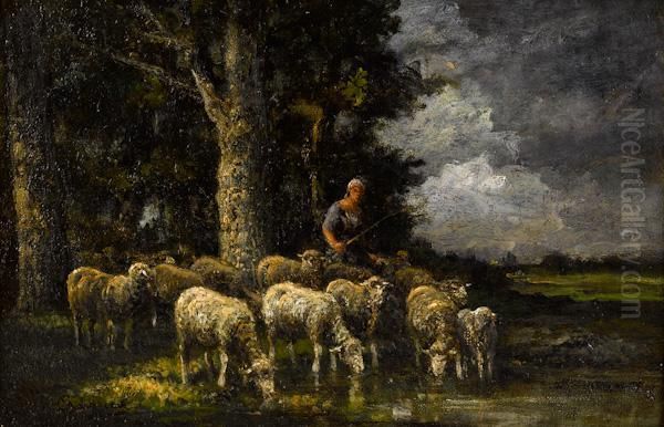 Shepherdess With Flock Oil Painting by Paul Chaigneau