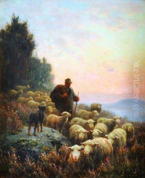 Moutons Pres De La Mare A Chailly Oil Painting by Paul Chaigneau